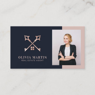 Real Estate Navy & Blush Photo Business Card