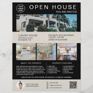 Real Estate Open House Logo Photo QR Black Flyer