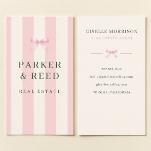 Real Estate Pink and Green Striped Preppy Bow Business Card