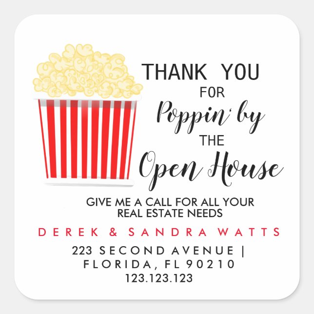 real estate POPCORN open house Announcement Pos Po Square Sticker (Front)