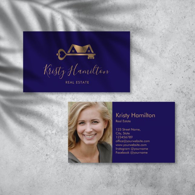 real estate professional house key add photo business card (gold house and key real estate logo business card)