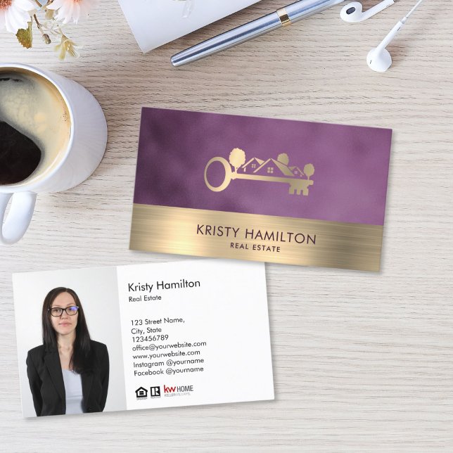 real estate professional realtor key add photo bus business card (gold key and houses logo real estate business card with purple background)