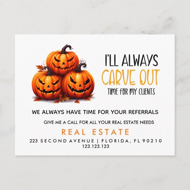 real estate pumpkin referrals Announcement  Postcard (Front)