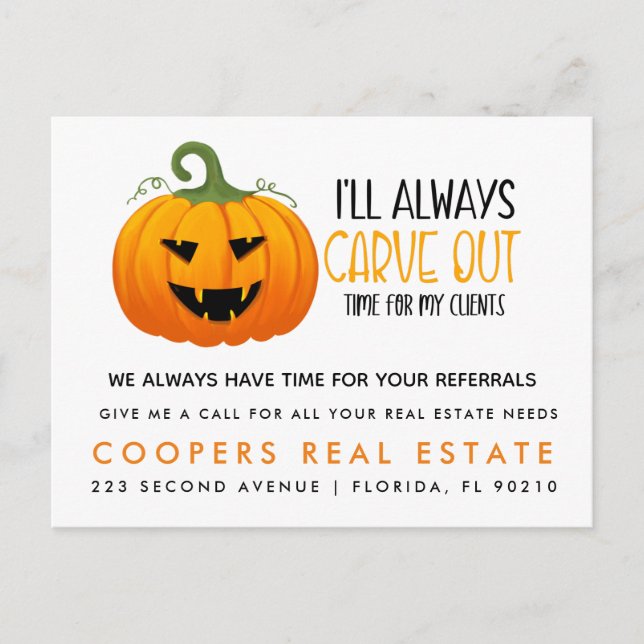 real estate pumpkin referrals Announcement  Postcard (Front)