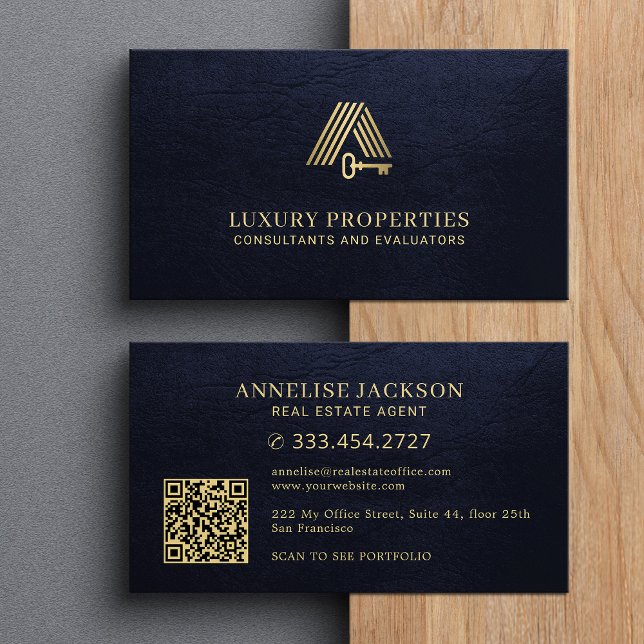 Real estate QR code gold house logo navy Business Card (Creator Uploaded)
