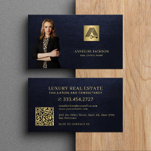 Real estate QR code house logo photo navy gold  Business Card