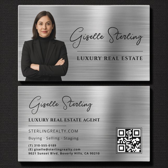 Real Estate QR Code Photo Faux Silver Metallic  Business Card (Creator Uploaded)