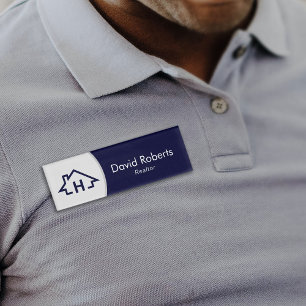 Real Estate Realtor House Logo Modern Navy Blue Name Tag