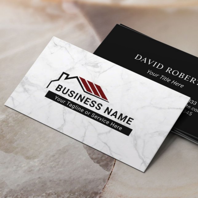 Real Estate Red Roof House Logo Modern Marble Business Card (Creator Uploaded)