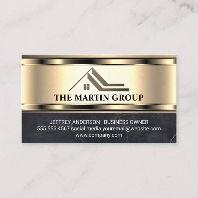Real Estate Roof Logo | Metallic Gold Marble  Business Card (Front)