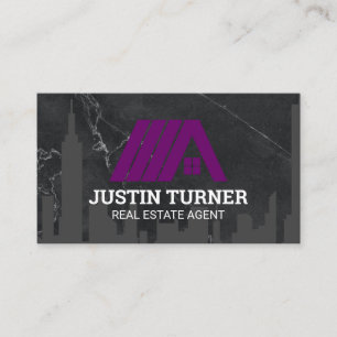 Real Estate Roof Logo Purple   Black Sleek Marble Business Card