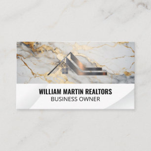 Real Estate Roof Metallic Logo   Gold Marble Business Card