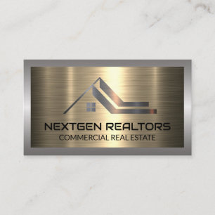 Real Estate Roof Metallic Logo   Metal Brushed Business Card
