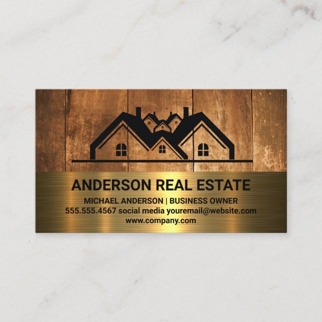 Real Estate Roof Top Logo | Wood Metal Business Card (Front)