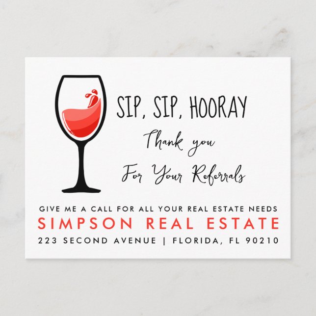 real estate sip sip hooray referrals Announcement Postcard (Front)