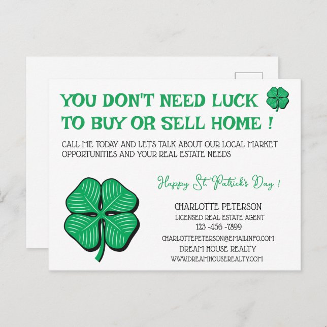 Real Estate St Patrick's Day Promotional Marketing Holiday Postcard (Front/Back)
