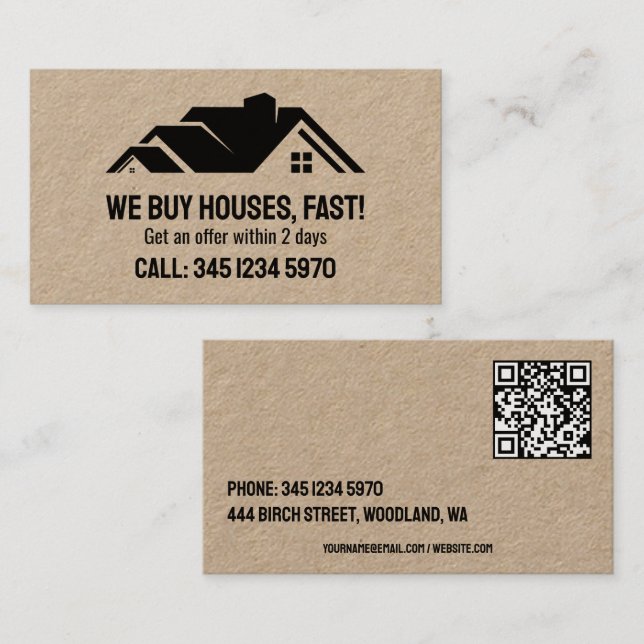 🏡 Real Estate We Buy Houses QR Kraft Business Card (Front/Back)