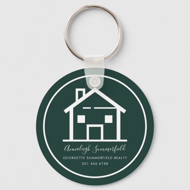 Real Estate White Green Business Custom Key Ring (Front)