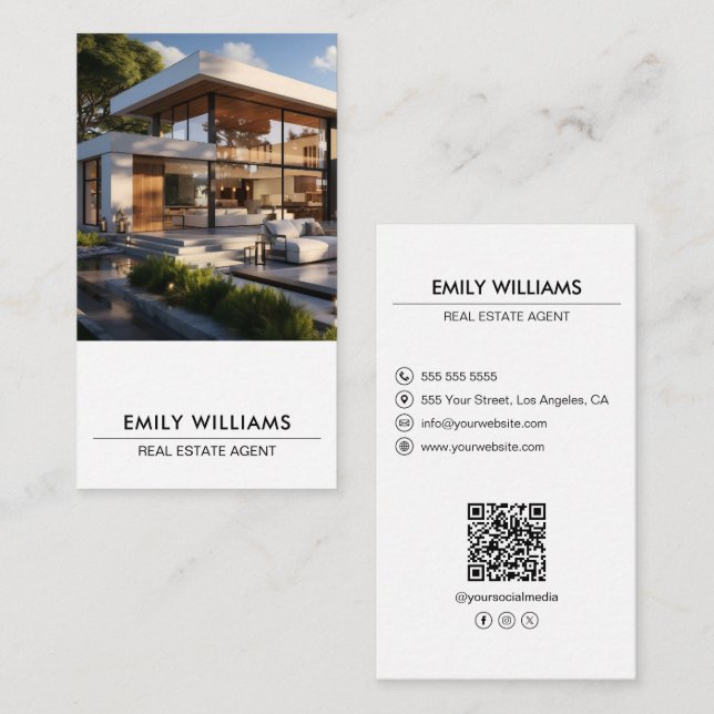 Real Estate White Photo QR Code Social Media Business Card (Front/Back)