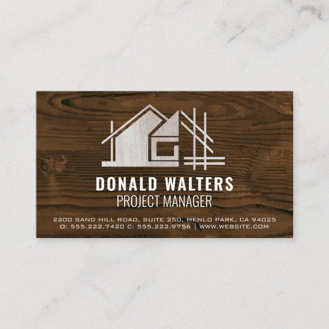 Real Estate Wood Logo | Blueprint Wood Business Card (Front)