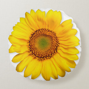 Real Flowers Yellow Sunflower and Orange Poppy Round Cushion