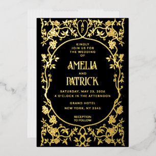 Real Foil Art Nouveau Floral Wedding Black