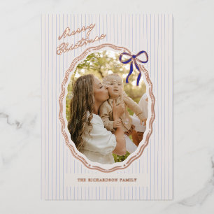 Real Foil Beige and Royal Blue Bow Christmas Card
