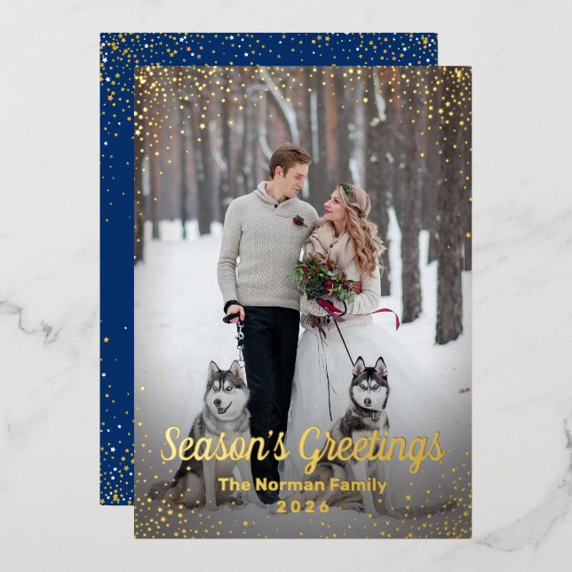 Real Foil Blue Gold Christmas Photo Holiday Card (Front/Back)