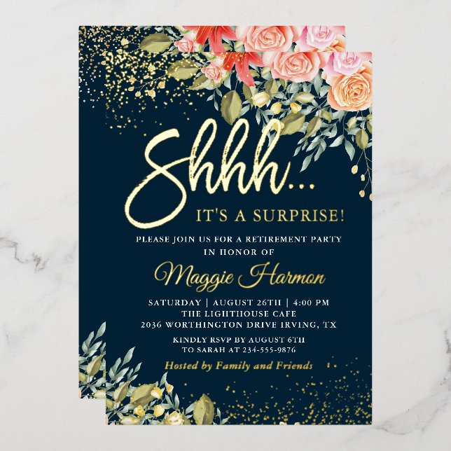 Real Foil Blue Gold Floral Surprise Retirement (Front/Back)