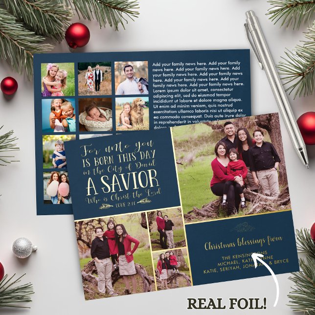 REAL Foil Christian Verse Blue Christmas Photo Holiday Card (REAL Foil Christian Verse Blue Christmas Photo Foil Holiday Card)