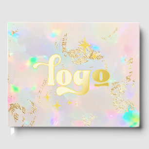 real foil company logo on opal stone guest book