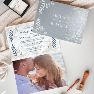 Real Foil Dusty Blue Branch Wedding Invitation