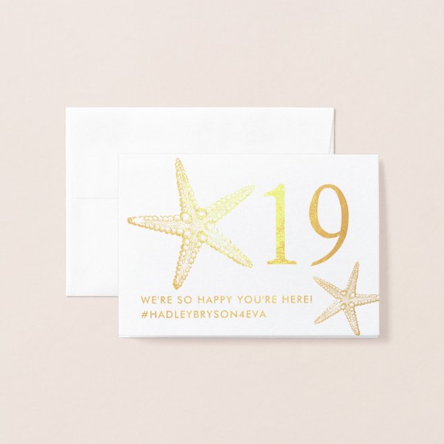 REAL FOIL Elegant Beach Starfish Table Number (Back With Envelope)