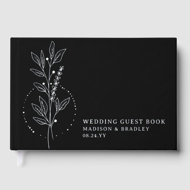 Real Foil Elegant Black Boho Floral Wedding Guest Book (Front)