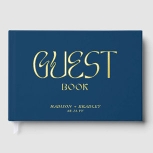 Real Foil Elegant Blue Calligraphy Script Wedding Guest Book