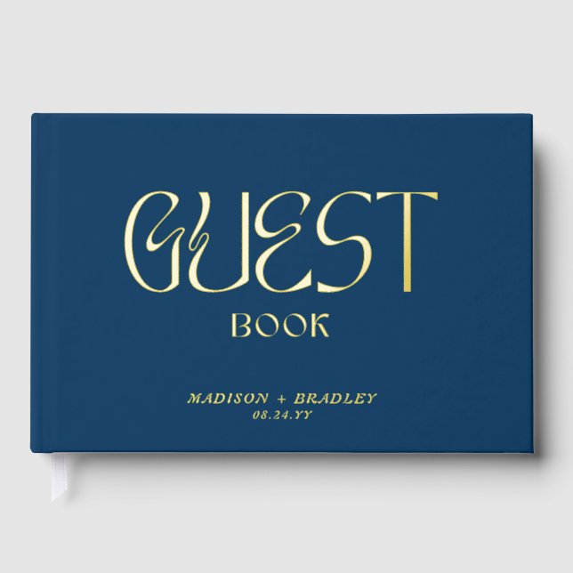 Real Foil Elegant Blue Calligraphy Script Wedding Guest Book (Front)