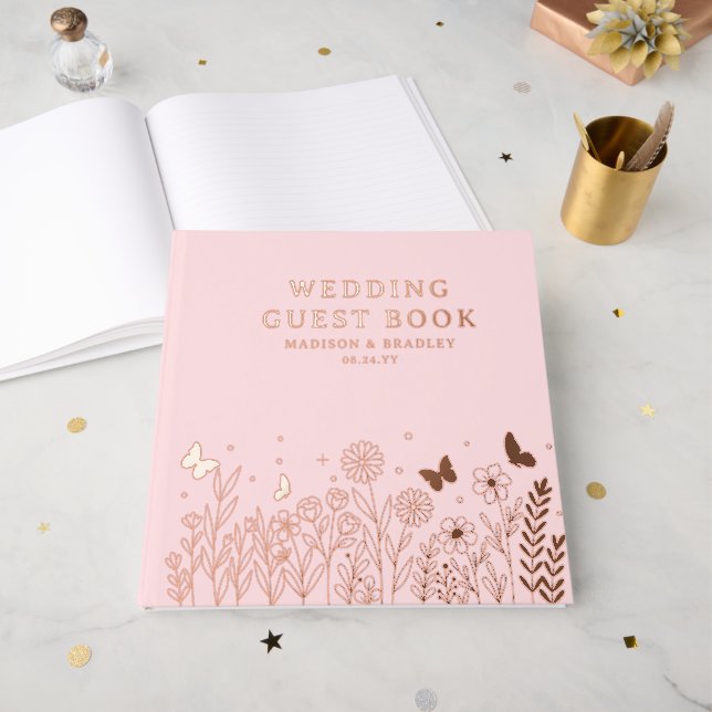 Real Foil Elegant Floral Pink Wedding Guest Book (Front Open)