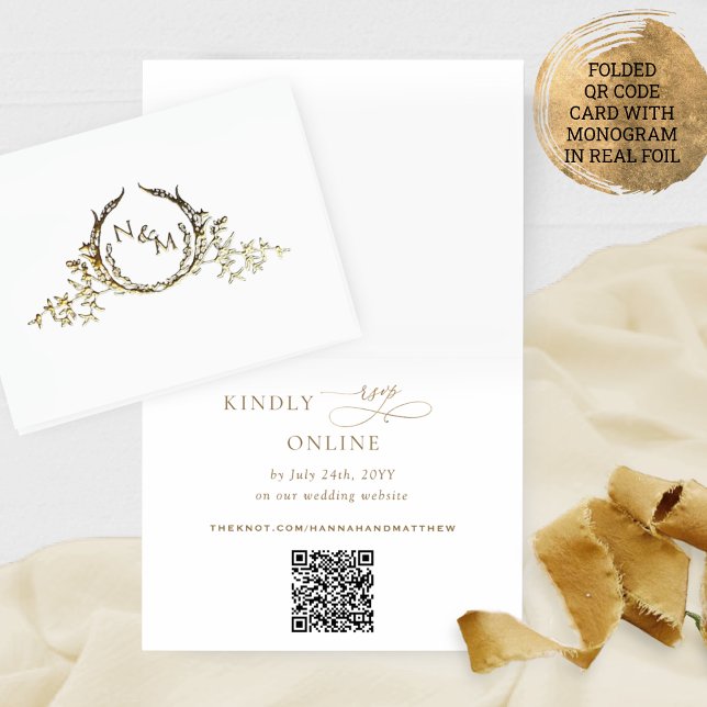 Real Foil Elegant Monogram QR code RSVP Online Foil Card (Creator Uploaded)