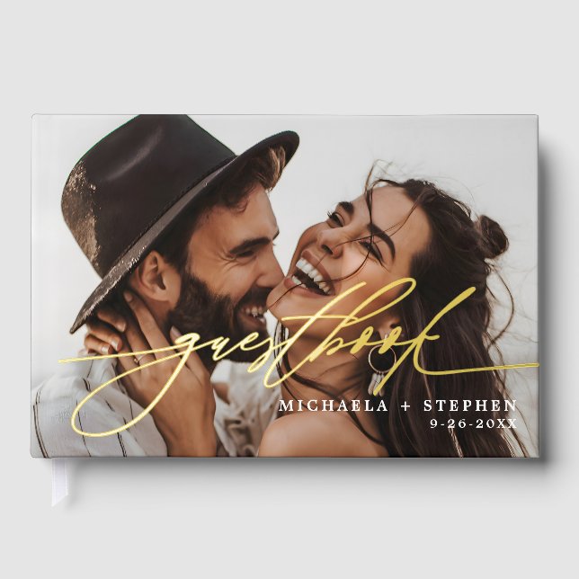 *REAL FOIL* Elegant Script 2-Photo Modern Wedding Guest Book (Front)