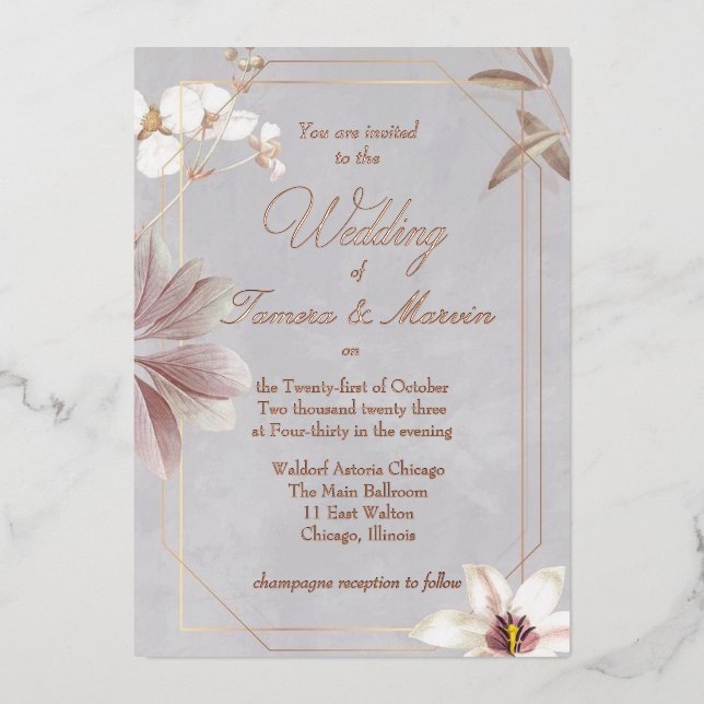 real foil floral wedding invitation (Front)