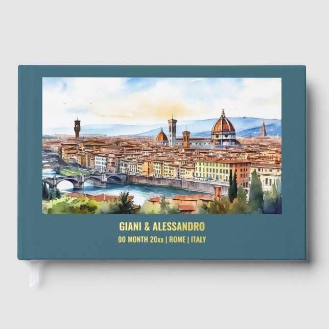 Real foil Florence watercolor destination wedding Guest Book (Front)