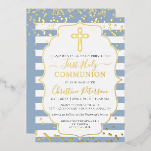 Real Foil Gold Dusty Blue Stripes First Communion