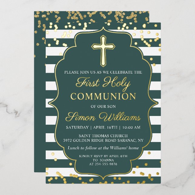 Real Foil Gold Green Stripes First Communion (Front/Back)
