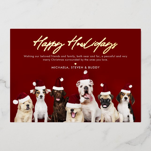 REAL FOIL Gold Happy Howlidays Cute Christmas Dogs Foil Holiday Card (Front)