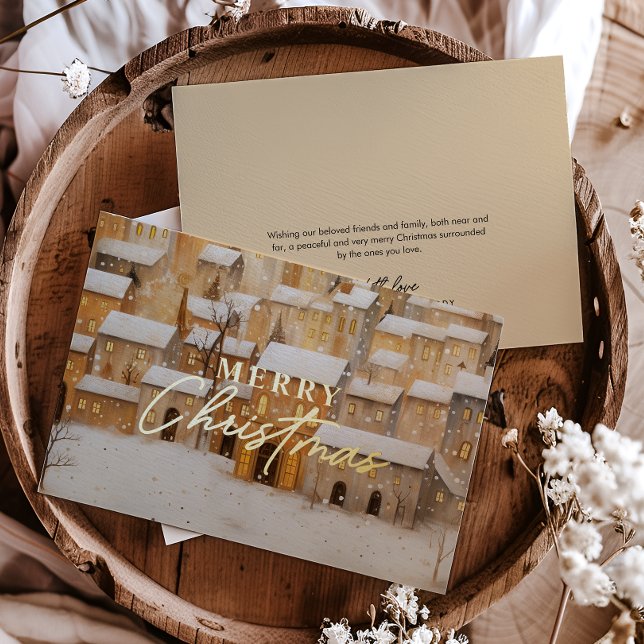 REAL FOIL Gold Merry Christmas Snowy Village Foil Holiday Card (Creator Uploaded)