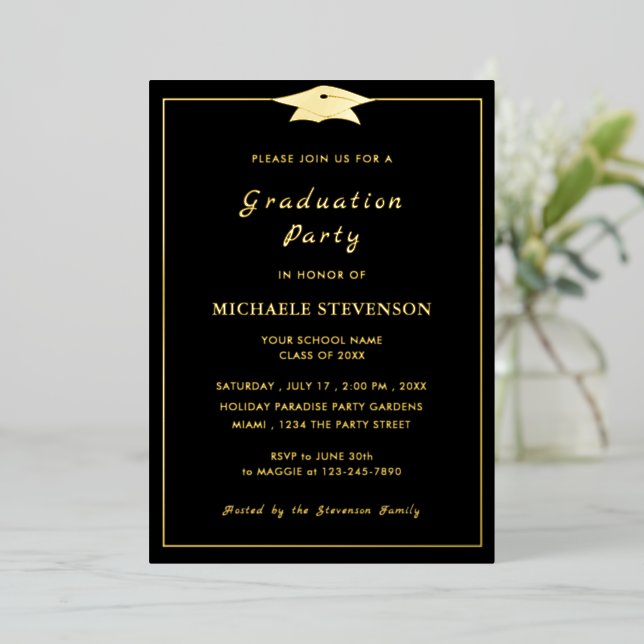 Real Foil Gold on Black Graduation nvitation Card (Standing Front)