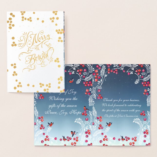 Real Foil Holly Berries & Leaves Business Holiday Card (Display)