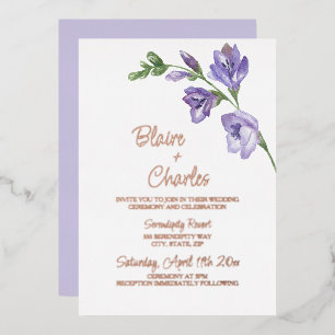 Real Foil Lavender and Green Wedding Invitation