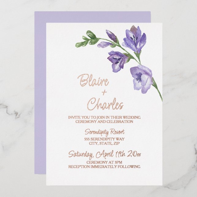 Real Foil Lavender and Green Wedding Invitation (Front/Back)