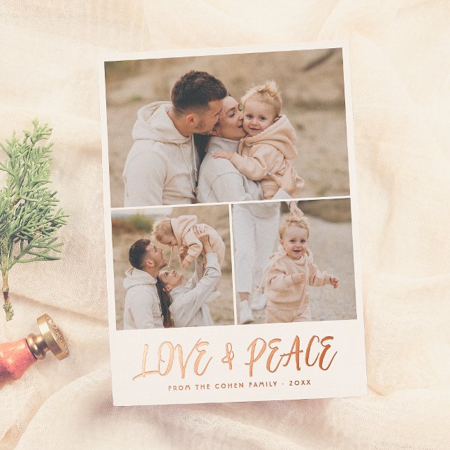 Real Foil | Love & Peace 3 Photo Christmas  Foil Holiday Card (Creator Uploaded)